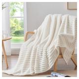 BEDELITE Fleece Throw Blanket for Couch - 300GSM Soft & Warm Fluffy Cream White Blanket, Decorative and Giftable Striped Blankets for Women, Men, 50\"x60\"
