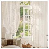 Anmao Vintage Lace Curtains 54 Inches Long 2 Panels Set, Romantic Elegant Light Filtering Semi Sheer Floral Thick Lacy Curtain Drapes for Living Room and Bedroom, Each Panel 55W x 54L, Beige Plum