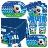 141Pcs Soccer Birthday Party Decorations Disposable Football Birthday Plates and Napkins, Tablecloth, Cutlery, Cups Sets Supplies Baby Shower Supplies Soccer Party Decorations