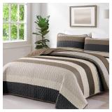 Dinjoy King Size Quilt Set Light Brown, 3 Pieces Boho Patchwork Striped Quilted Bedding Sets Soft Lightweight Bedspreads & Coverlets Set, for All Seasons 110\"x90\"