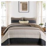 Dinjoy King Size Quilt Set Light Brown, 3 Pieces Boho Patchwork Striped Quilted Bedding Sets Soft Lightweight Bedspreads & Coverlets Set, for All Seasons 110\"x90\"
