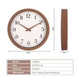 Topkey 12 Inch Silent Wall Clock with Wooden Hour and Minute Hands - Round Wood-Like Frame & White Dial for Home Office Kitchen Decor - Wooden Brown