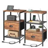 sthmec Nightstands Set of 2, Night Stands with Charging Station and Fabric Drawer, Bedside Tables with Drawers, 2- Tier Side Table with Open Shelf, Nightstands with Charging Station,Rustic Brown