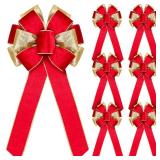 FineCheer 6 Pcs Large Christmas Bows, 10\" x 20\" Velvet Glitter Christmas Bow for Wreath Tree Topper Ornament Bow for Xmas Home Indoor Outdoor Front Door(Red, Gold)