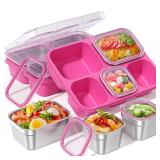 BiuLeon Snackle Box Containers, Stainless Steel 5 Compartments Divided Serving Tray with Lid, Removable LeakProof Portable Bento Box for Fruit Candy Nuts Food - School, Picnic and Travelï¼Pinkï¼
