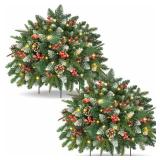 LAVEVE Prelit Small Christmas Tree 20\" with 50 Warm LED Timer Lights, Battery Operated Xmas Tree with Red Berries & Pinecones, Frosted Urn Filler, Outdoor for Porch and Pathway,2 Pack