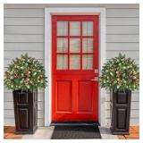 LAVEVE Prelit Small Christmas Tree 20\" with 50 Warm LED Timer Lights, Battery Operated Xmas Tree with Red Berries & Pinecones, Frosted Urn Filler, Outdoor for Porch and Pathway,2 Pack