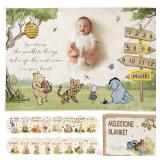Classic Winnie Bear Baby Monthly Milestone Blanket, Neutral Vintage Bear Quotes Soft Flannel Milestone Blanket with Gift Box Holiday Signs Felt Marker for Winnie Nursery Decor Baby Stuff 60 x 40Inch