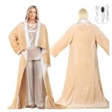 Electric Wearable Heated Blanket with Foot Pocket, Heated Blanket Wearable with Sleeves for Sofa, Flannel & Sherpa Electric Throw Blanket, 10 Heat Settings & 2-8H Auto Shut-Off, 50*70\"+18\", Beige