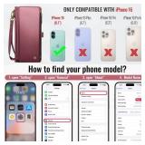 Defencase Compatible with iPhone 16 Case Wallet with RFID Blocking Card Holder for Women and Men, Fashion PU Leather Magnetic Snap Flip Zipper Strap Wallet Phone Case for iPhone 16 6.1\", Wine Red