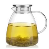 GURUDAR 68OZ/2000ML One Touch Glass Teapot with Stainless Steel Filter Lid, Stovetop & Microwave Safe Tea Maker Water Kettle, Strainer & Cover 2 in 1 Loose Leaf Tea Steeper Pot Coffee Carafe