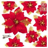 Geefuun 28PCS Christmas Tree Decorations: Poinsettias Artificial Flowers Ornaments Xmas Red Glitter Flower with Clips,3 Sizes Not Included Stems