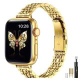 MioHHR Slim Metal Band Compatible with Apple Watch Band 42mm(Series 11 10) 41mm(Series 9 8 7) 40mm(Series 6 5 4 SE3/2/1) 38mm(Series 3 2 1),Stainless Steel iWatch Bands for Women,Gold