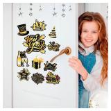 11pcs Happy New Year Glow Magnets, PHOGARY 2026 New Years Eve Holiday Metal Door Decoration Magnetic Black Gold Stickers for Cruise Door Stateroom Cabin Door Decor Fridge Refrigerator Car