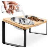 Raised cat Bowls for Indoor Cats by WinTruffles, Elevated cat Bowls, Tilted and Elevated Anti Vomiting Cat Dishes for Food and Water, Set of 2 Stainless Steel Bowl