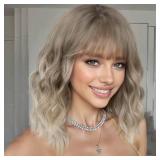 AISI HAIR Ombre Honey Glod Synthetic Wavy Curly Bob Wig with Bangs Short Wavy Hair for Women Synthetic Heat Resistant Bob Wigs