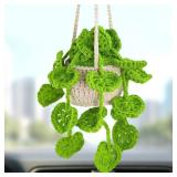 HFZRZFH Boho Crochet Plant Hanging Basket for Car Rear View Mirror Decor, Polyester, Light Green, Durable, Handmade, Cute Interior Aesthetic, Gift for Women