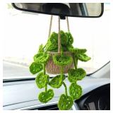 HFZRZFH Boho Crochet Plant Hanging Basket for Car Rear View Mirror Decor, Polyester, Light Green, Durable, Handmade, Cute Interior Aesthetic, Gift for Women