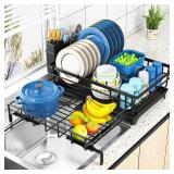 Storico Large Dish Drying Rack - Extendable Dish Rack, Dish Drainer for Kitchen Counter, Dish Drainer with Adjustable Support Legs & Utensil Holder, Black