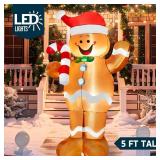 Joiedomi 5 FT Tall Christmas Inflatable Outdoor Decorations, Christmas Blow Ups Gingerbread Man Yard Decorations with Candy Canes, Cute Xmas Outdoor Gingerbread Inflatables for Xmas Lawn Garden Decor