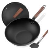 Todlabe Carbon Steel Wok, 13-Inch, Pre-Seasoned, Non-Stick, with Lid and Spatula, Flat Bottom, Ideal for Stovetop Cooking