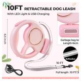 Jestrem Retractable Dog Leash with USB Rechargeable LED Light for Night Walks, 10FT Automatic Telescopic Tractor Leash with Poop Bag Holder for Small Medium Large Dog up to 88 lbs, Pink