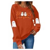 Spooky Season Sweatshirt Women Embroidered Halloween Sweatshirt Ghost Crewneck Fall Sweater Pullover Top Dark Orange Size 2XL