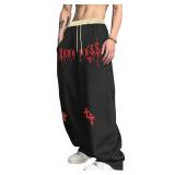 ZAFUL Mens Y2K Cross Letter Graphic Goth Sweat Pants Drawstring Wide Leg Casual Sweatpants  Unisex Streetwear Black & Red Size S