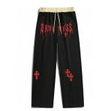 ZAFUL Mens Y2K Cross Letter Graphic Goth Sweat Pants Drawstring Wide Leg Casual Sweatpants  Unisex Streetwear Black & Red Size S