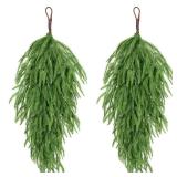 2 Pack 32" Extra Long Artificial Christmas Teardrop Swag - Faux Pine Needles Teardrop Door Swag, Xmas Norfolk Greenery Teardrop Wreath for Door Table Mantle Fireplace Indoor Outdoor Decor, Light Green