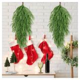 2 Pack 32" Extra Long Artificial Christmas Teardrop Swag - Faux Pine Needles Teardrop Door Swag, Xmas Norfolk Greenery Teardrop Wreath for Door Table Mantle Fireplace Indoor Outdoor Decor, Light Green