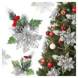12 Pcs Poinsettia Flowers Christmas Artificial Glitter Flower with Clips Poinsettia Christmas Decorations Artificial Flowers for Garland Wreath Tree Home Party(Silver,Fresh)