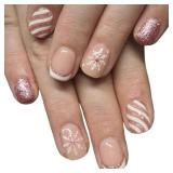 Christmas Press on Nails Short Square White French Tip With Snowflake Glitter Lines Design - Glue on Full Cover False Nails Glossy for Girls 24Pcs