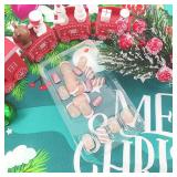 Christmas Press on Nails Short Square White French Tip With Snowflake Glitter Lines Design - Glue on Full Cover False Nails Glossy for Girls 24Pcs