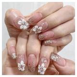 Press on Nails Medium Coffin Pink Fake Nails Acrylic False Nails With White Flower Designs Full Cover Stick on Nails Glossy Glue on Nails for Women
