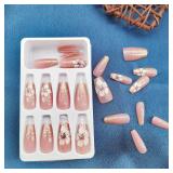 Press on Nails Medium Coffin Pink Fake Nails Acrylic False Nails With White Flower Designs Full Cover Stick on Nails Glossy Glue on Nails for Women