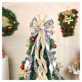 Fangleland Cow Print Christmas Tree Topper Bow, Rustic Cow Farmhouse Ox Christmas Wreath Bow, Black and White Decorative Large Gift Bow, Xmas Hanging Ornament Winter Holiday Party Decor