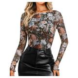 LILLUSORY Boat Neck Double-Layer Lace Long Sleeve Sheer Floral Mesh Going Out Tops Fall Fashion Outfits 2025 Floral Fierce Size XS