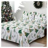 Christmas Sheet Set Queen Size 4 Piece Green Christmas Tree Reindeer Holiday Bed Sheet Set, Soft Microfiber Fitted Sheet Deep Pocket Bedding Sheets and Pillowcase Set Winter Xmas Decor