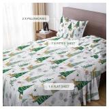 Christmas Sheet Set Queen Size 4 Piece Green Christmas Tree Reindeer Holiday Bed Sheet Set, Soft Microfiber Fitted Sheet Deep Pocket Bedding Sheets and Pillowcase Set Winter Xmas Decor