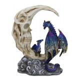 Blue Dragon With Baby Wyrmling Perching On Bone Skull Crescent Moon Figurinefiller