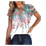 StunShow Womens Short Sleeve Shirts V Neck Floral Print Pleated 2025 Casual Blouses Summer Tops (White Pink L)