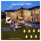 BLIATLUS 120FT Solar String Lights Outdoor Waterproof with Remote Control Solar Patio Lights 30+2 shatterproof LED ST38 Bulbs for Porch Garden Market Bistro Patio Backyard Fence