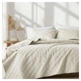 inron Full/Queen Size Quilt Set,Lightweight Cream Microfiber Ultrasonic Coverlet,Breathable Soft Bedspread with Modern Geometric Pattern,Thin Bedding for All Seasons (1 Quilt,2 Pillow Shams)