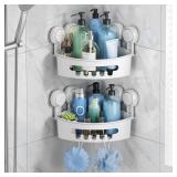 TAILI Suction Corner Shower Caddy, Bathroom Shelf Storage Basket Wall Mounted Organizer for Shampoo, Conditioner, Plastic Rack for Kitchen&Bathroom, Drill-Free Removable (2 Pack)