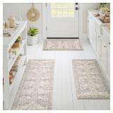 GRANNY SAYS Boho Kitchen Rug Sets of 3, Non Slip Washable Faux Wool Kitchen Mats for Floor, Thick Soft Anti-Fatigue Comfort Standing Mat Runner Rugs for Hallway Laundry Room, Beige