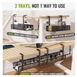 [Upgraded] 2 Pack Cable Management Under Desk Tray, Xpatee 27.6\" No Drill Open Slots Cable Management Tray, Cord Wire Organizer Box with Clamp for Table Thickness up to 3\" - No Desk Damage(Black)