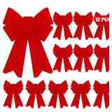 12 PCS Christmas Bows, PVC Christmas Tree Bows 5 x 8 Inches, Red Velvet Bows for Hanging Red Xmas Outdoor Indoor Large Bows Xmas Decor Party Supplies Wreath Railing Fences
