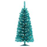 Decoway Pre-Lit Artificial Christmas Tree, 4ft Slim Tinsel Christmas Tree with Warm White LEDs, Battery Operated - Includes Stand, Fire Retardant PVC for Small Spaces, Indoor Decoration (Teal Green)