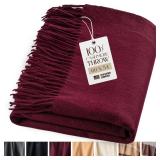 Velanio Cashmere 100% Cashmere Throw Blanket with Fringe 60 x 54 Inch Super Soft Warm for Home, Travel Sofa Bed (Wine)